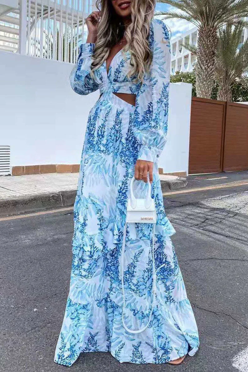 Fashion Street Print Hollowed Out V Neck A Line Dresses(4 colors) - Image 5