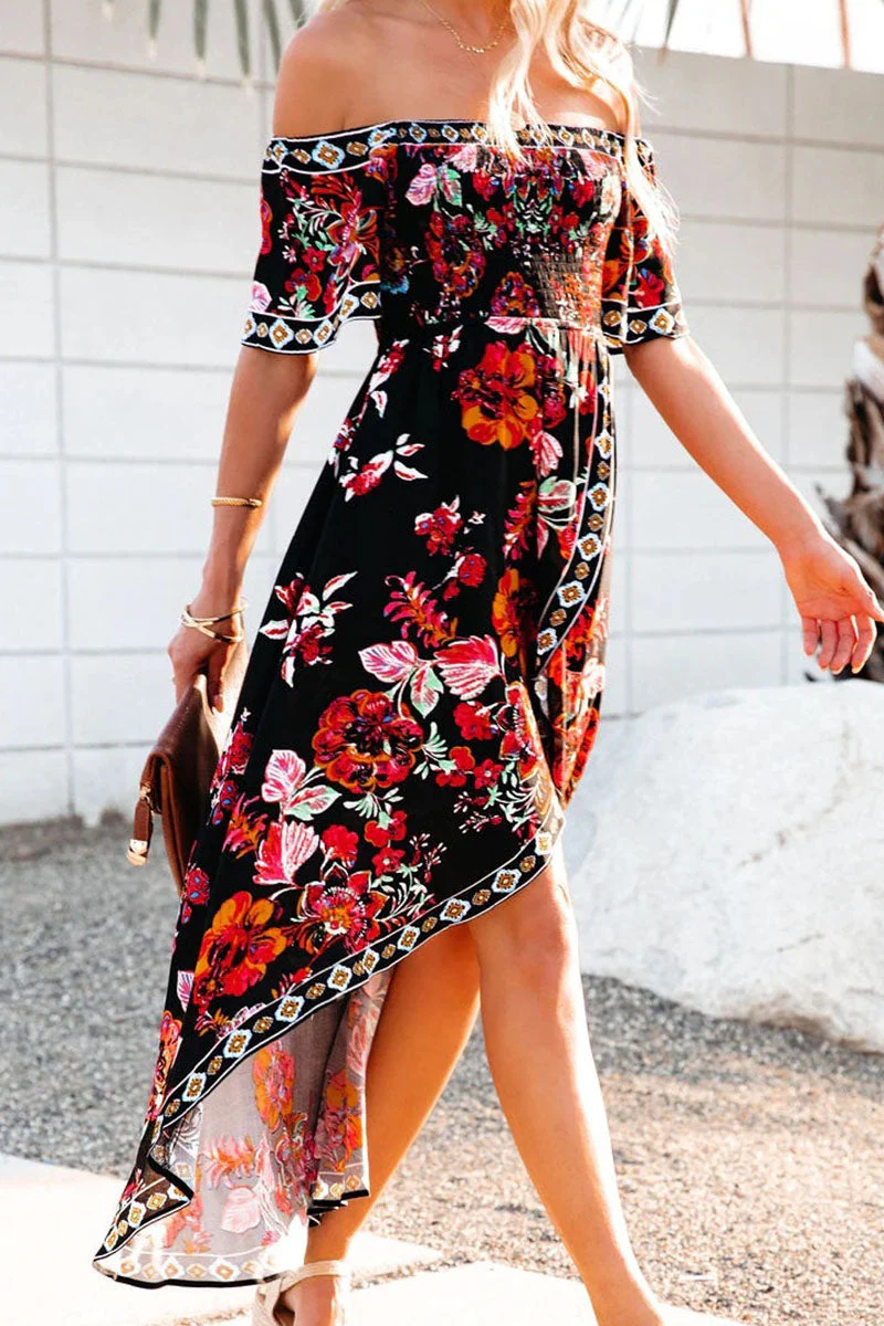 Fashion Street Print Patchwork Off the Shoulder Irregular Dresses - Image 4