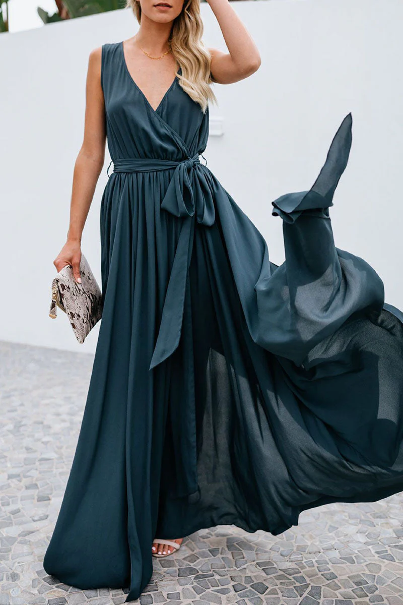 Fashion Street Solid Slit V Neck A Line Dresses - Image 6