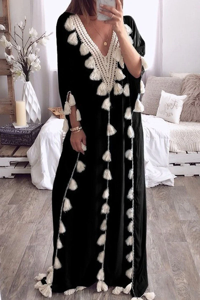 Fashion Street Solid Tassel Patchwork V Neck Straight Dresses(8 Colors) - Image 12