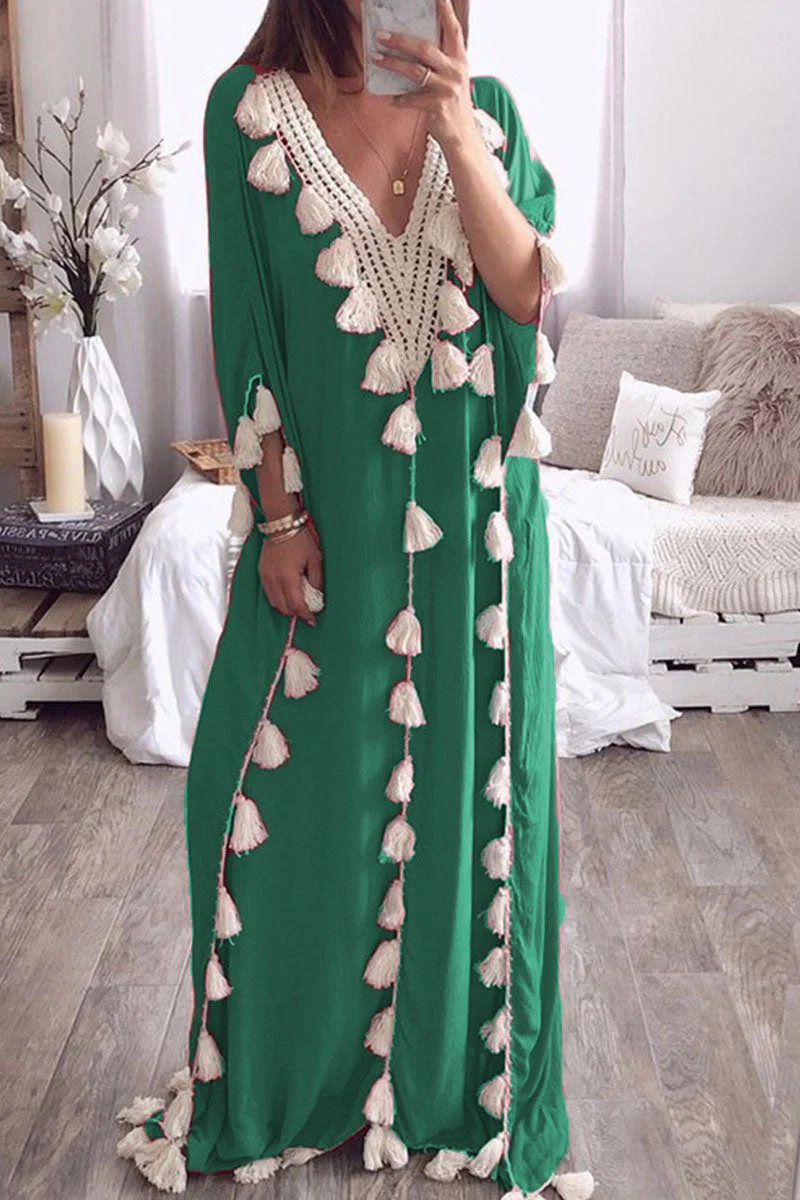 Fashion Street Solid Tassel Patchwork V Neck Straight Dresses(8 Colors) - Image 13
