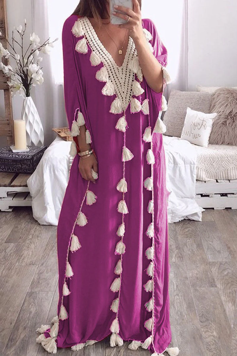 Fashion Street Solid Tassel Patchwork V Neck Straight Dresses(8 Colors) - Image 4