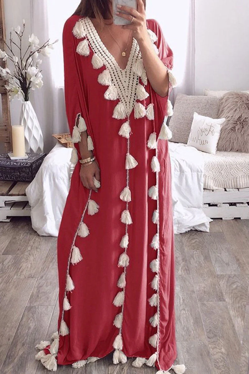Fashion Street Solid Tassel Patchwork V Neck Straight Dresses(8 Colors) - Image 7