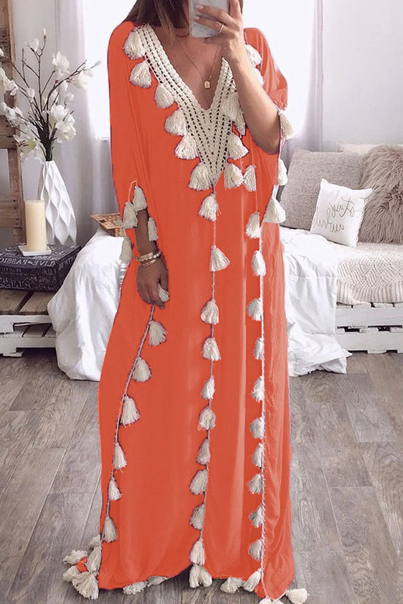 Fashion Street Solid Tassel Patchwork V Neck Straight Dresses(8 Colors) - Image 8