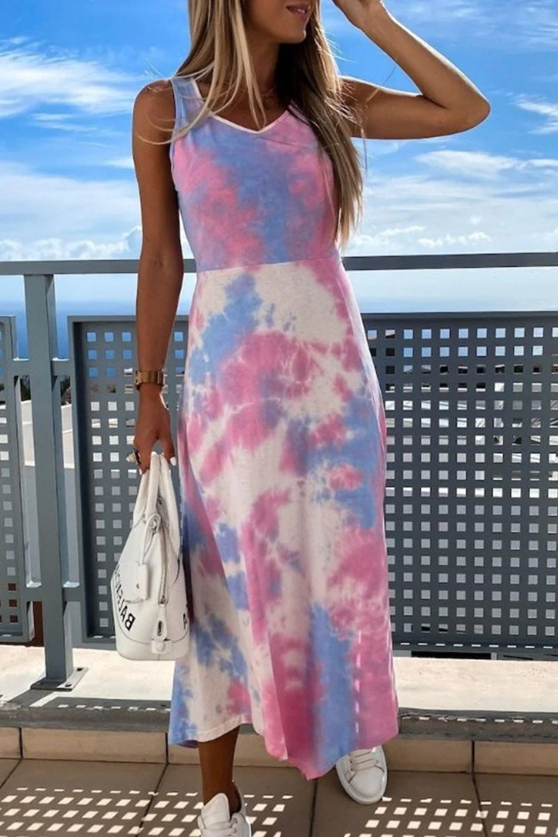 Fashion Street Tie Dye Patchwork O Neck A Line Dresses(3 colors) - Image 7
