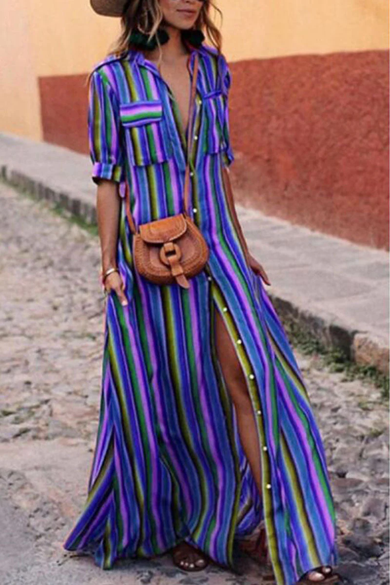 Fashion Sweet Striped Turndown Collar Shirt Dress Dresses(4 Colors) - Image 12