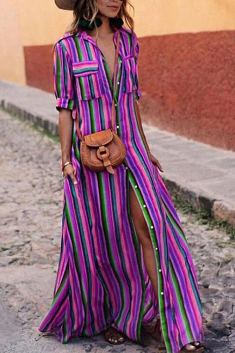 Fashion Sweet Striped Turndown Collar Shirt Dress Dresses(4 Colors) - Image 13