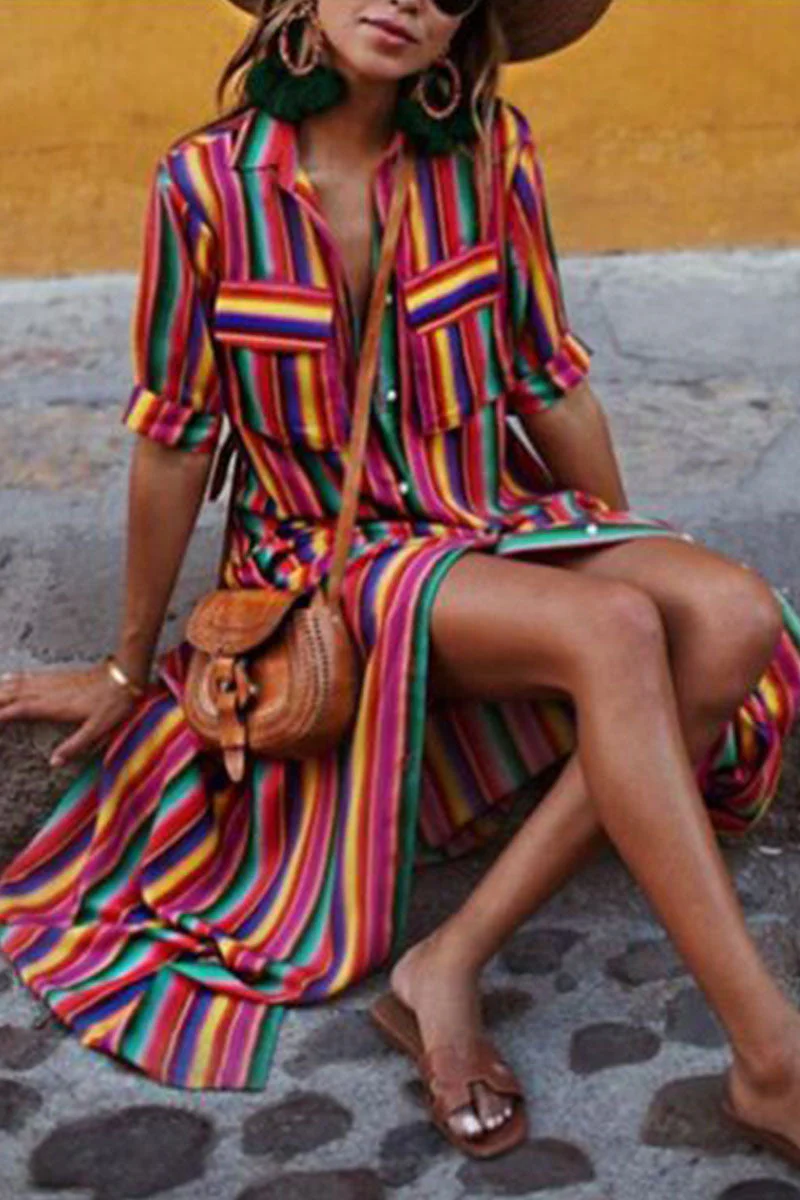 Fashion Sweet Striped Turndown Collar Shirt Dress Dresses(4 Colors) - Image 5