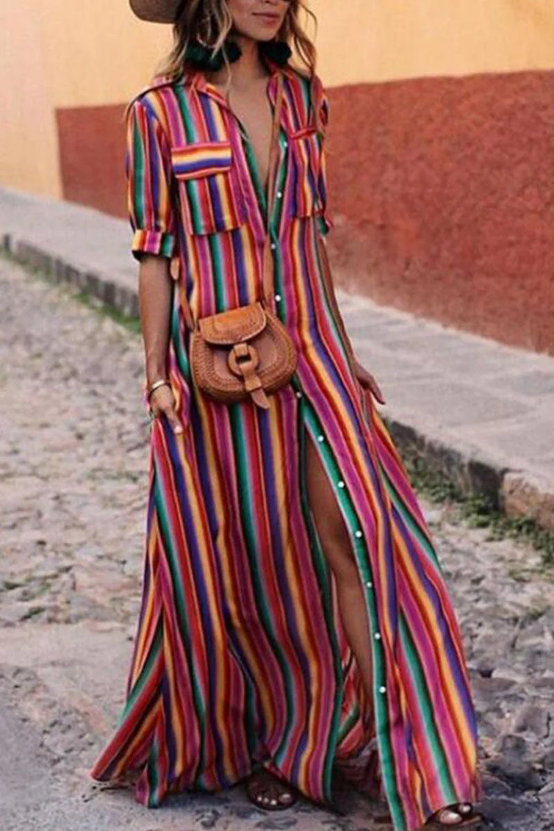Fashion Sweet Striped Turndown Collar Shirt Dress Dresses(4 Colors) - Image 6