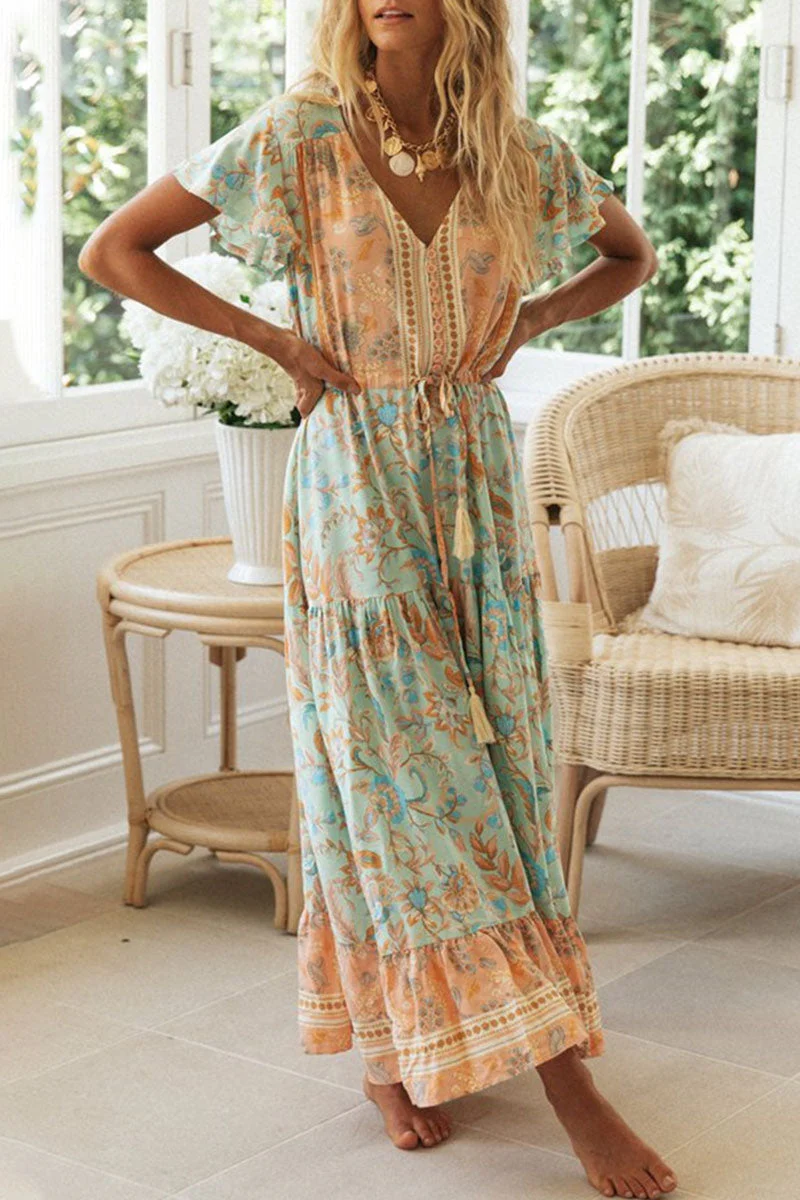 Fashion Vacation Print Patchwork V Neck Printed Dresses - Image 2