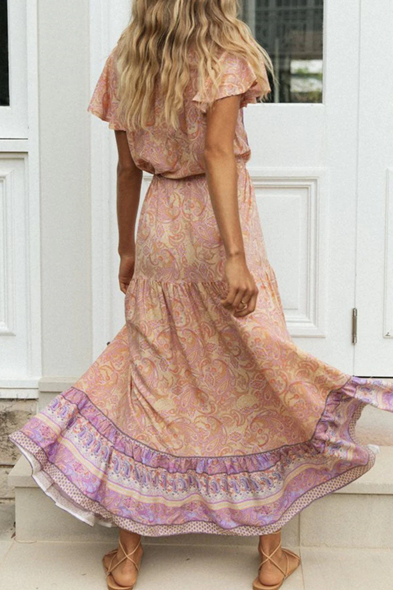 Fashion Vacation Print Patchwork V Neck Printed Dresses - Image 5