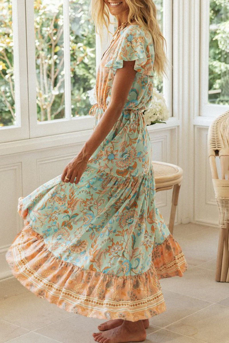 Fashion Vacation Print Patchwork V Neck Printed Dresses - Image 6