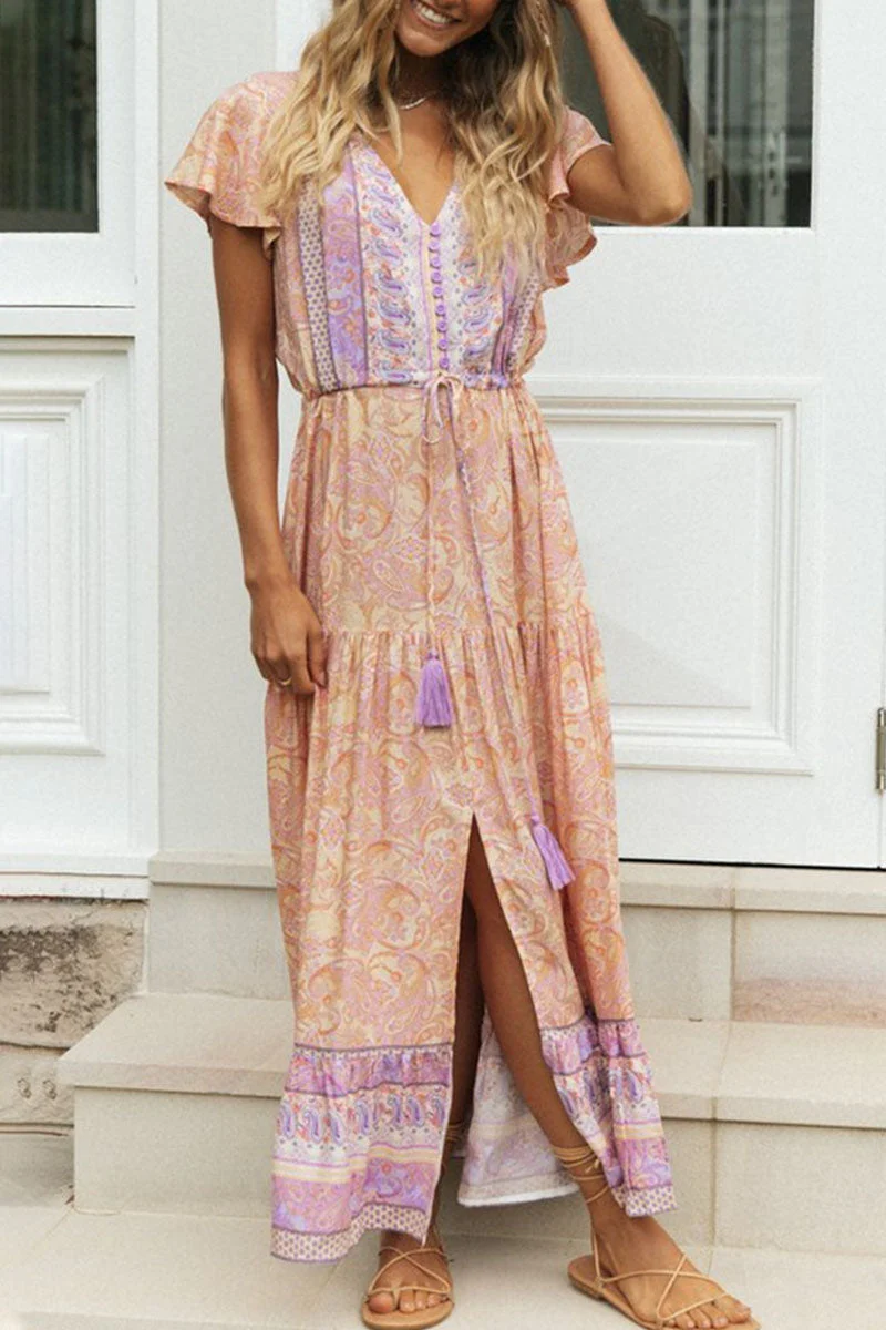 Fashion Vacation Print Patchwork V Neck Printed Dresses - Image 8
