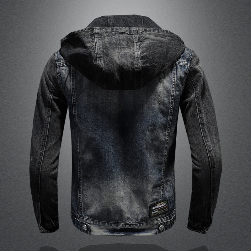 Fashionable hooded denim jacket Heavyweight personality casual denim slim fit - Image 3