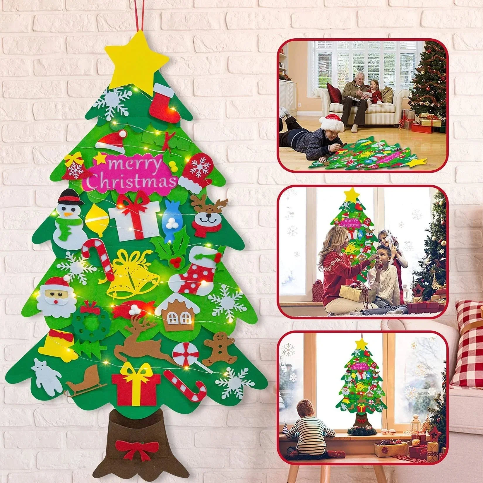 🧒🎄Felt Christmas Tree Set With 32PCS Ornaments Wall Hanging Tree & 35LED String Lights - Image 2
