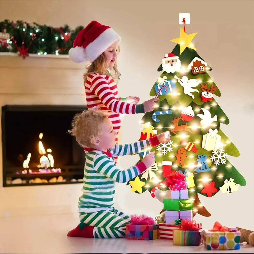 🧒🎄Felt Christmas Tree Set With 32PCS Ornaments Wall Hanging Tree & 35LED String Lights - Image 5