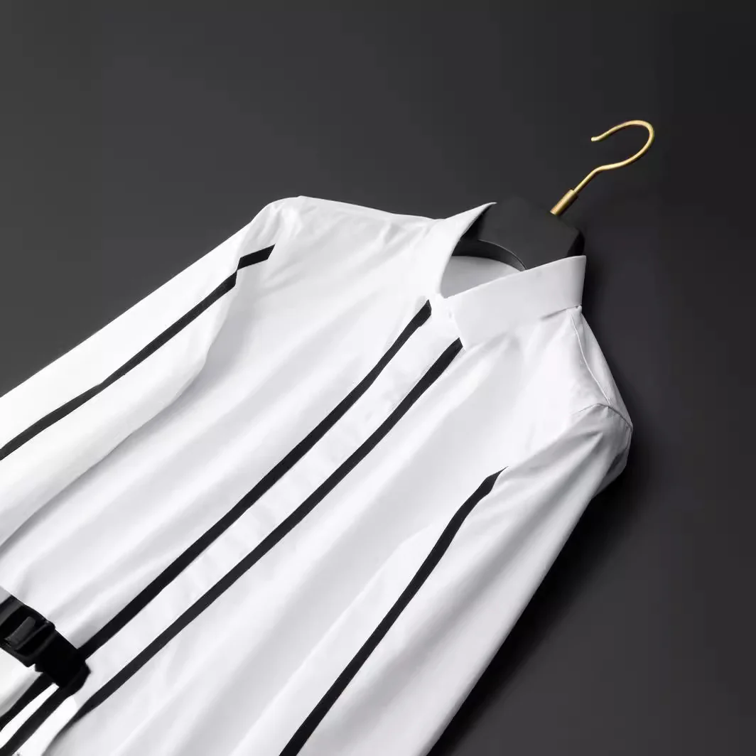 Geometric ribbon stitching business casual men's shirt - Image 4