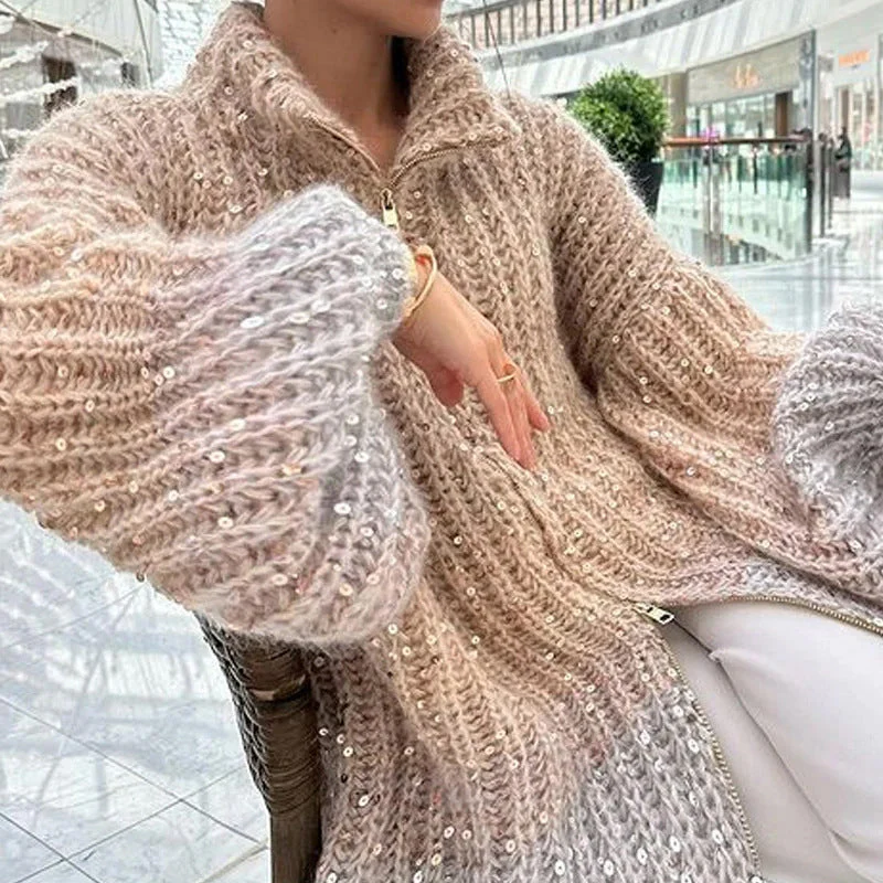 Gestrickte Pulloverjacke mit einfarbigen Pailletten - Image 4