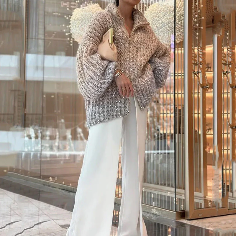 Gestrickte Pulloverjacke mit einfarbigen Pailletten - Image 8