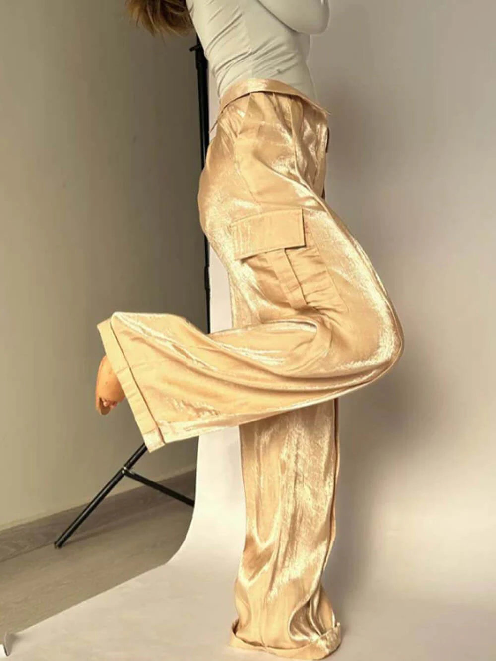 Golden Years Glitter Fabric Drawstring Waist Pocketed Wide Leg Pants - Buy two and get free shipping! - Image 3