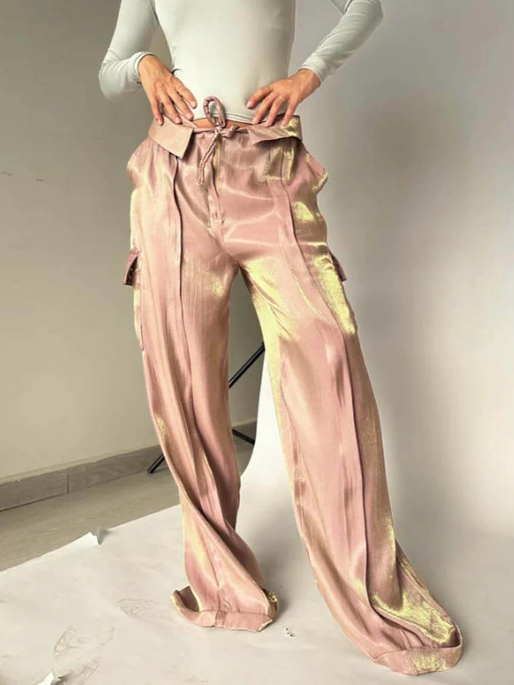 Golden Years Glitter Fabric Drawstring Waist Pocketed Wide Leg Pants - Buy two and get free shipping! - Image 6