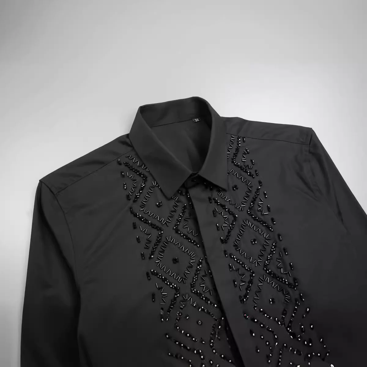 Handcrafted Black Elegant Geometric Metal Stone Beaded Sewn Men's Shirt - Image 2