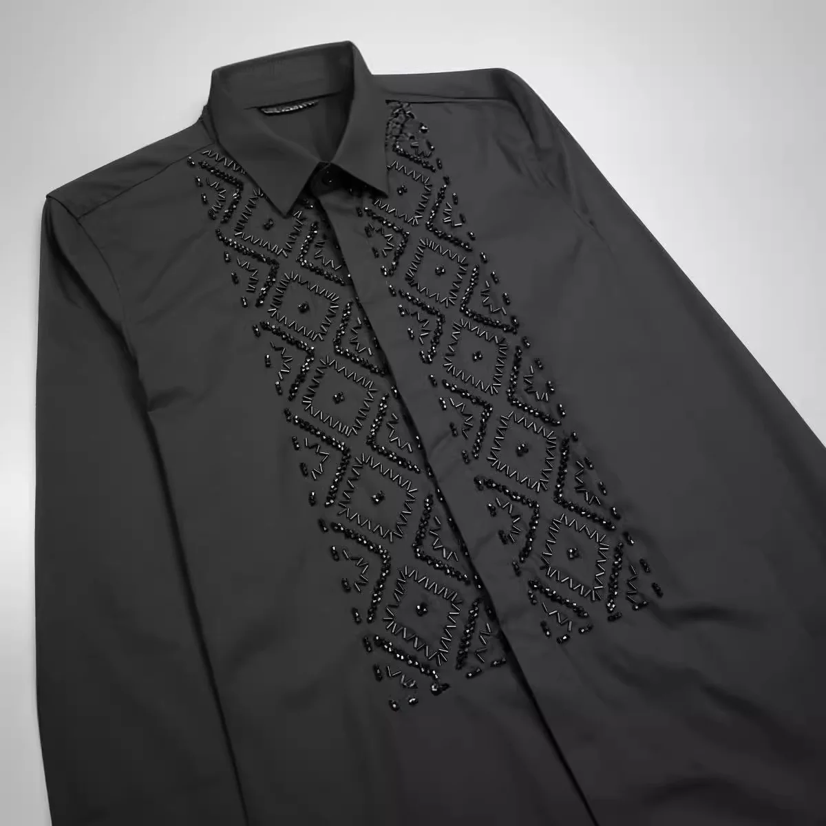 Handcrafted Black Elegant Geometric Metal Stone Beaded Sewn Men's Shirt - Image 3
