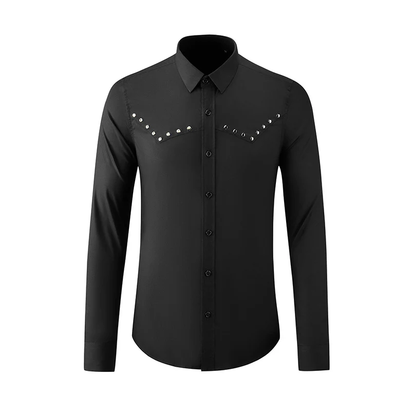 Handmade round rivet geometric patchwork shirt - Image 2
