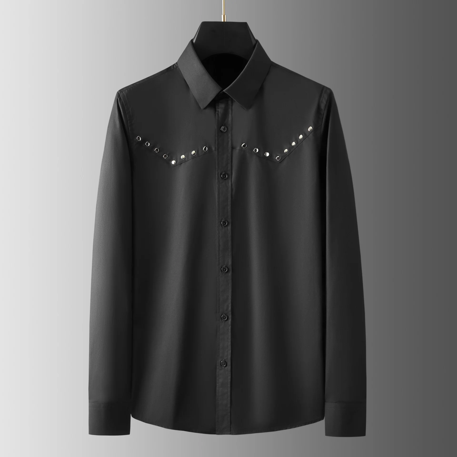 Handmade round rivet geometric patchwork shirt - Image 6