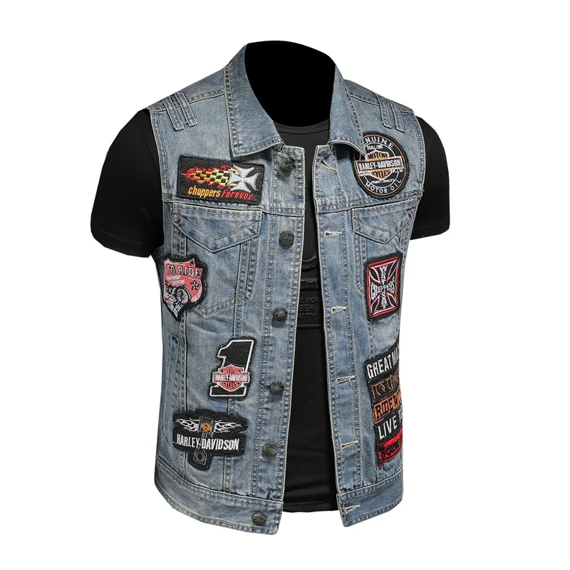 Harley motorcycle emblem denim vest for men riding large size European and American style sleeveless waistcoat - Image 3