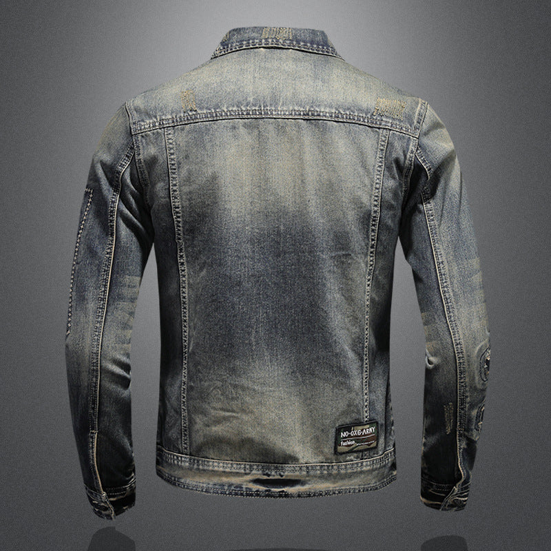 Heavy Industry Hole Patch Men's Denim Jacket Top Vintage Coat - Image 3