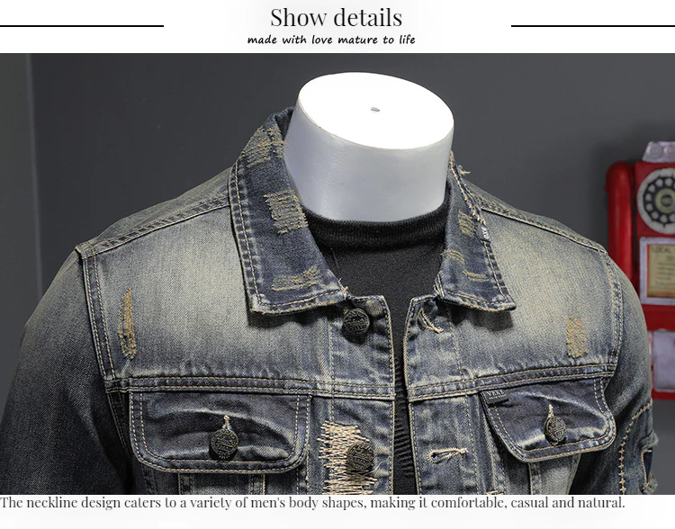 Heavy Industry Hole Patch Men's Denim Jacket Top Vintage Coat - Image 4