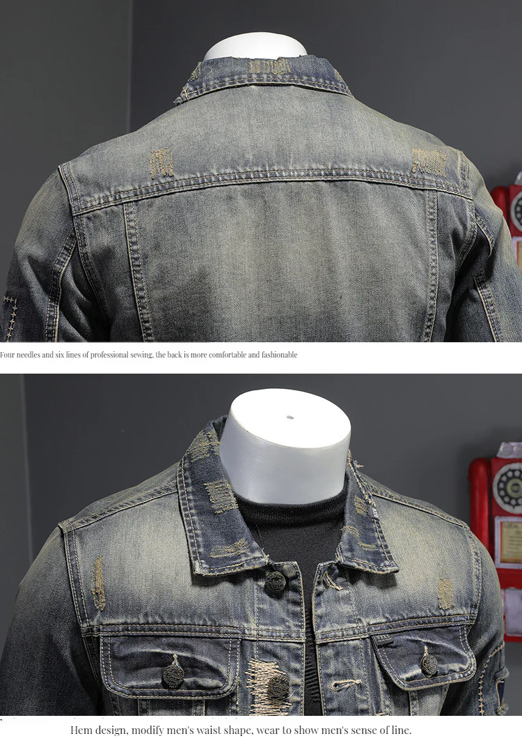 Heavy Industry Hole Patch Men's Denim Jacket Top Vintage Coat - Image 6