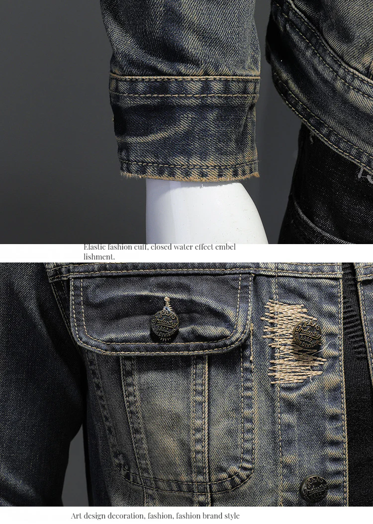 Heavy Industry Hole Patch Men's Denim Jacket Top Vintage Coat - Image 7
