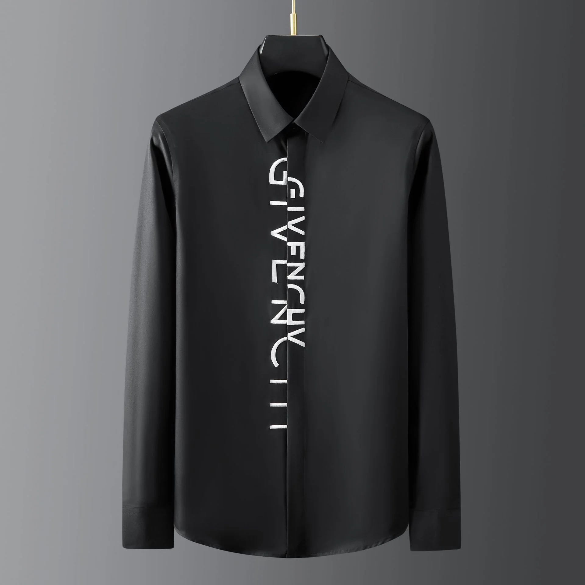 High-end men's long-sleeved shirt with random letters embroidered on the placket - Image 4
