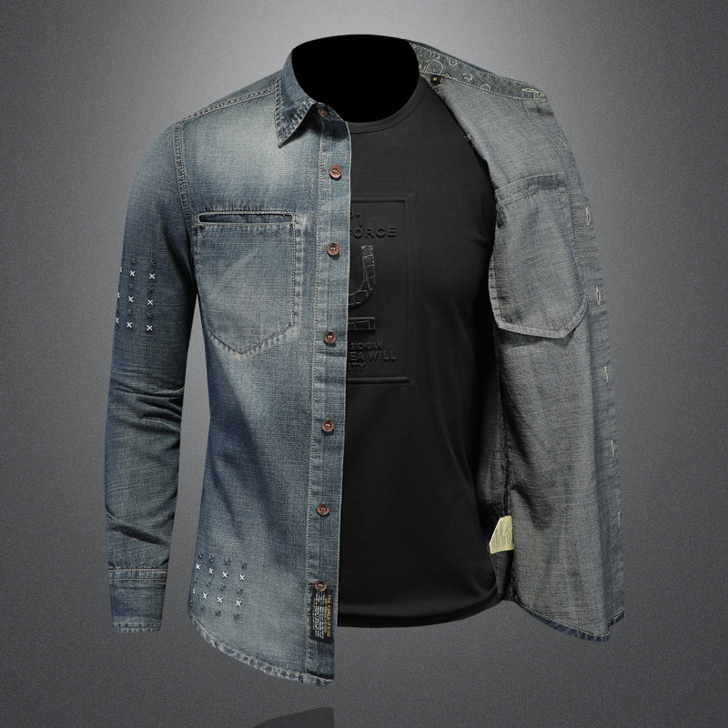 High quality vintage embroidered washed shirt for men slim fit - Image 3