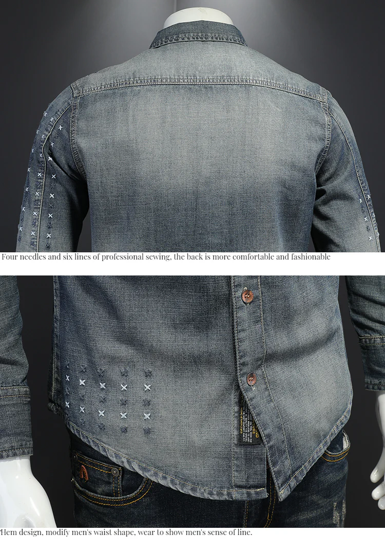 High quality vintage embroidered washed shirt for men slim fit - Image 4