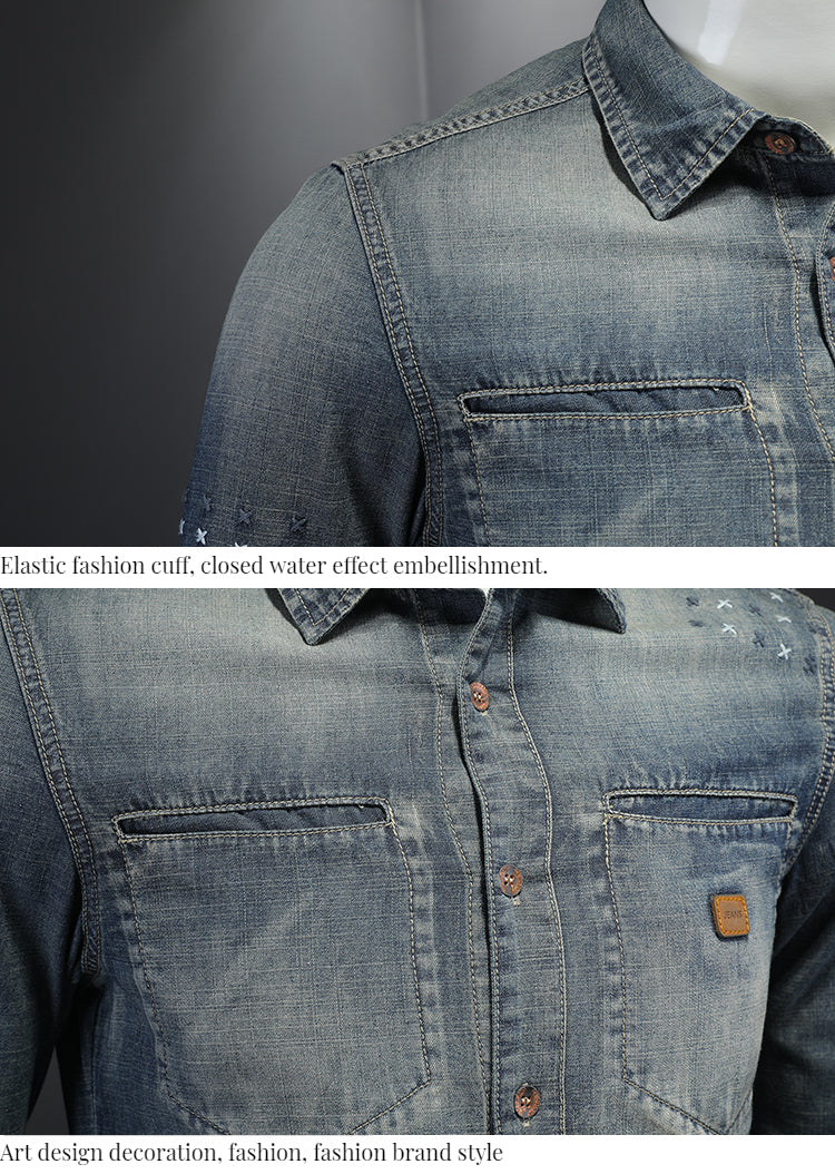 High quality vintage embroidered washed shirt for men slim fit - Image 5
