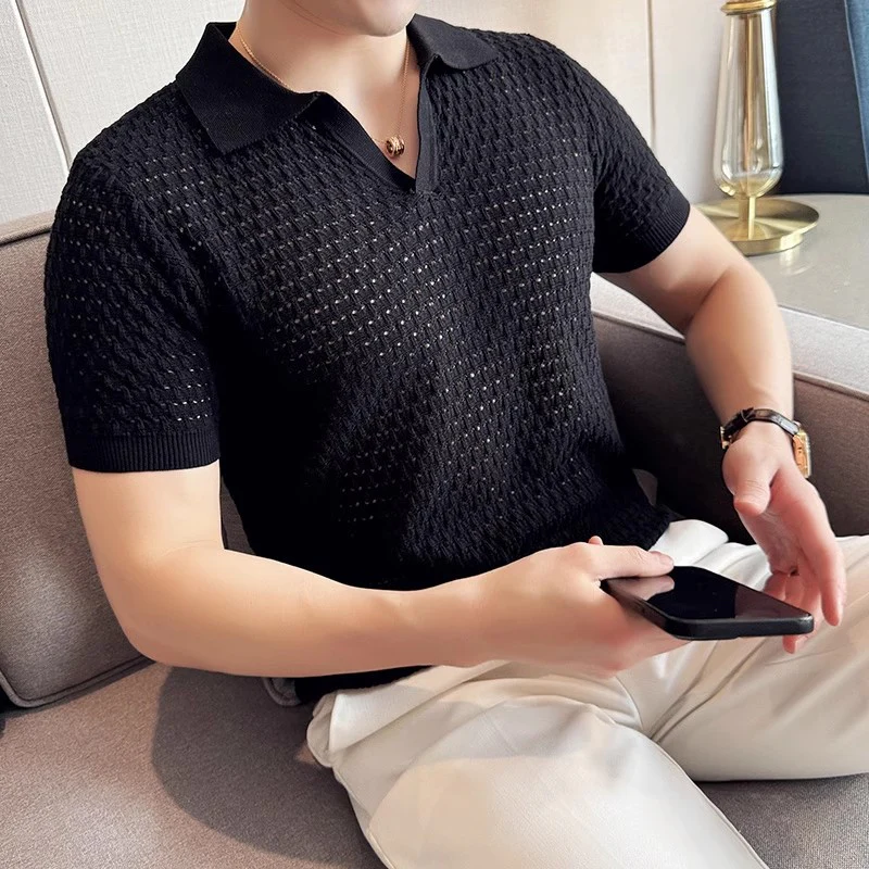 Hollow T-shirt knitted top cool ice silk thin casual half-sleeved Polo shirt trend - Image 2