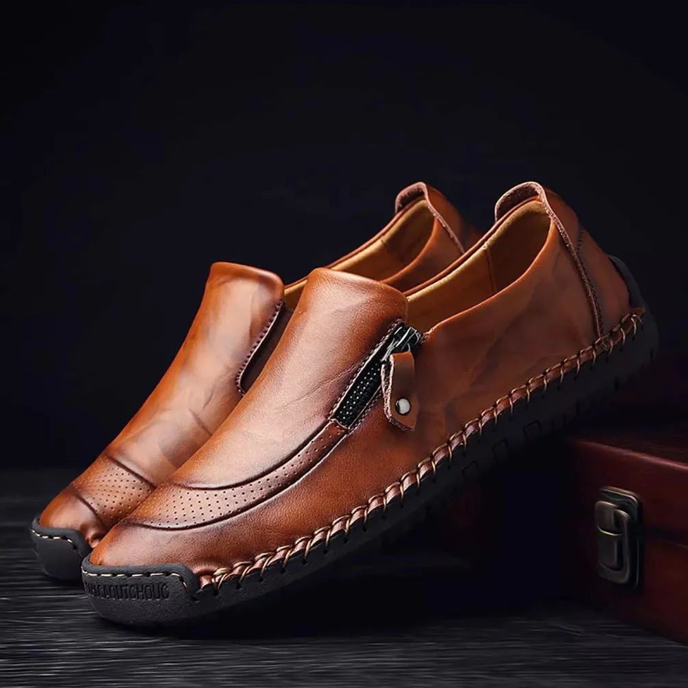 Mens Handmade Side Zipper Casual Comfy Leather Slip On Loafers