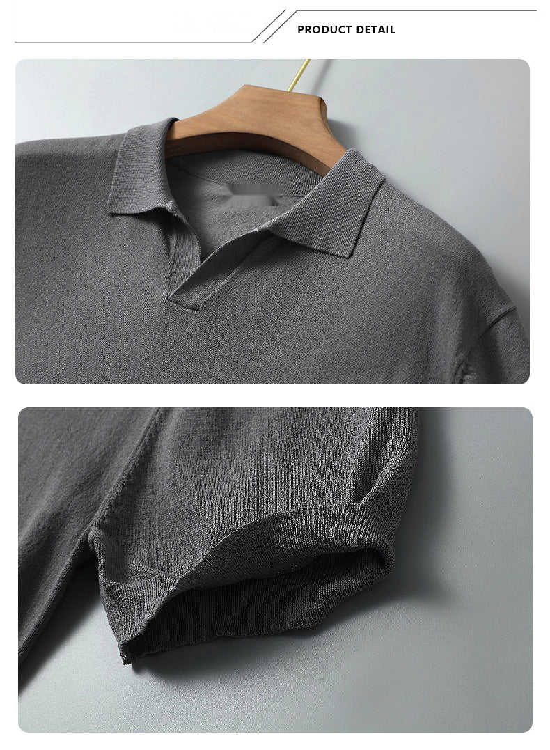 Knitted ice silk summer cool short-sleeved T-shirt lapel Korean casual polo shirt - Image 5