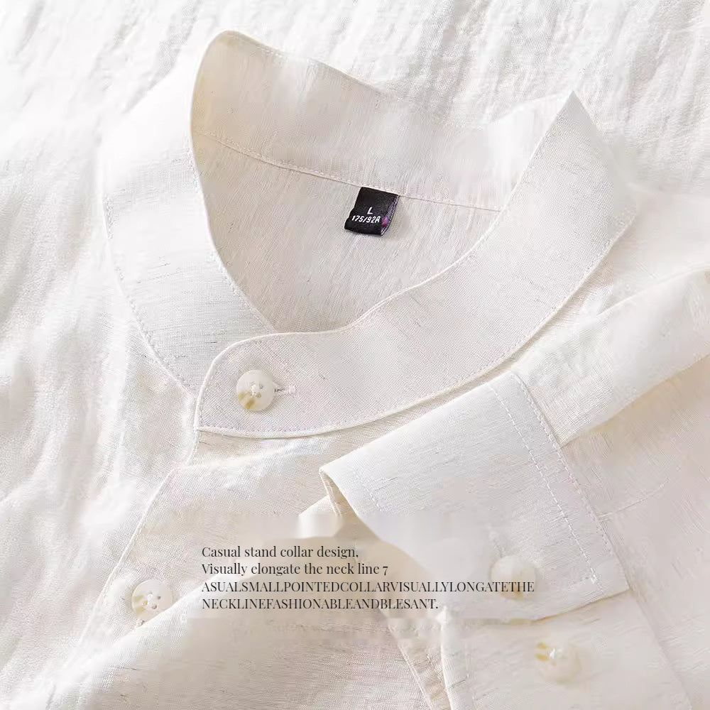 Linen shirt men's cotton and linen long-sleeved stand-up collar shirt white loose Japanese retro top - Image 5