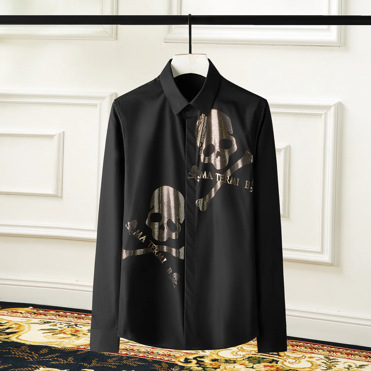 Long sleeve double skull hot stamping men's new popular fashion shirt - Image 2