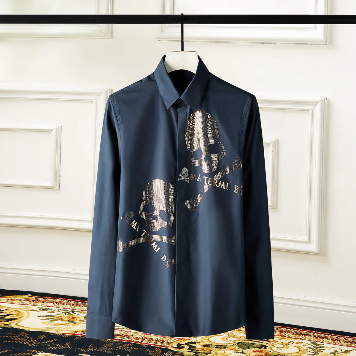Long sleeve double skull hot stamping men's new popular fashion shirt - Image 3