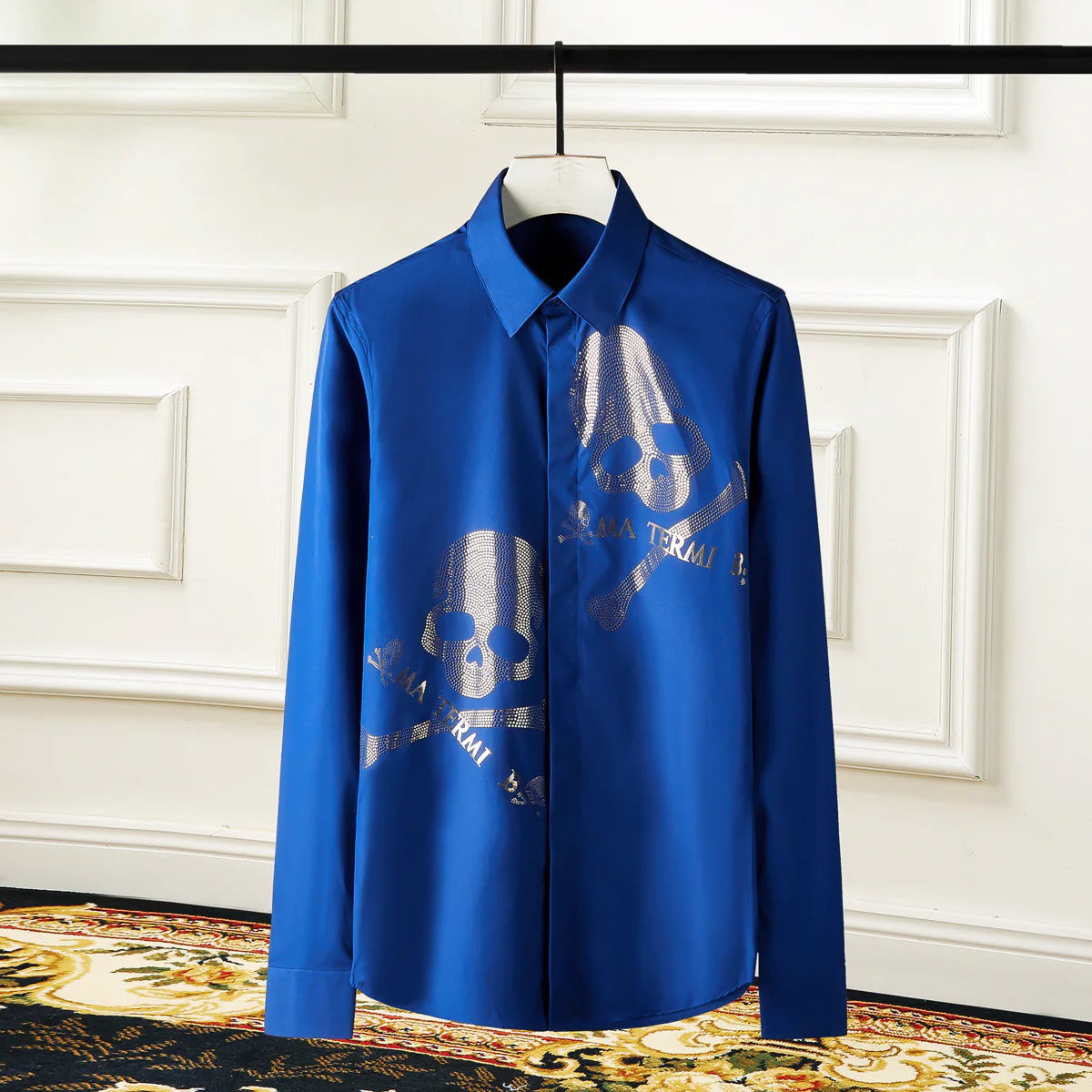 Long sleeve double skull hot stamping men's new popular fashion shirt - Image 4