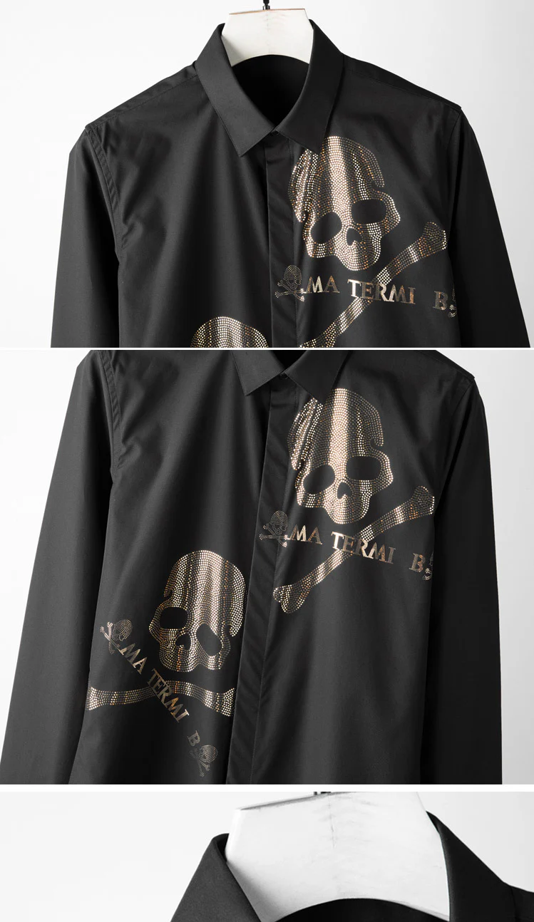 Long sleeve double skull hot stamping men's new popular fashion shirt - Image 5