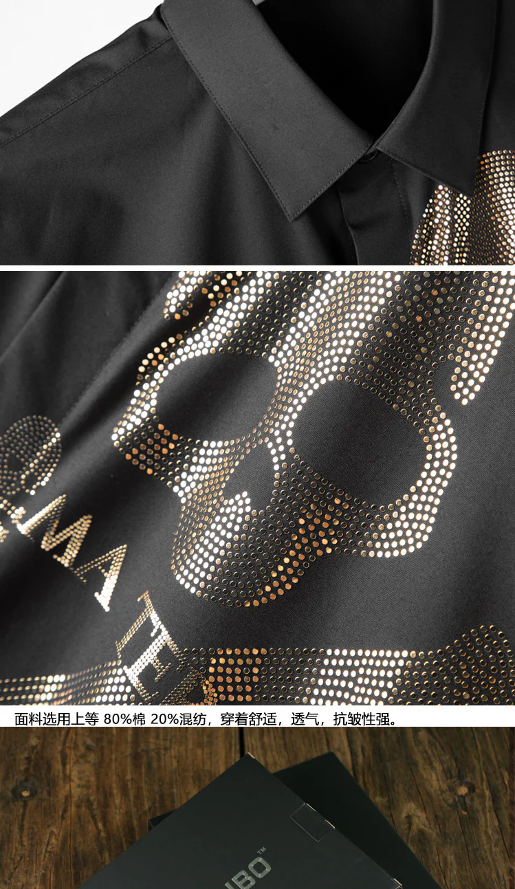 Long sleeve double skull hot stamping men's new popular fashion shirt - Image 6