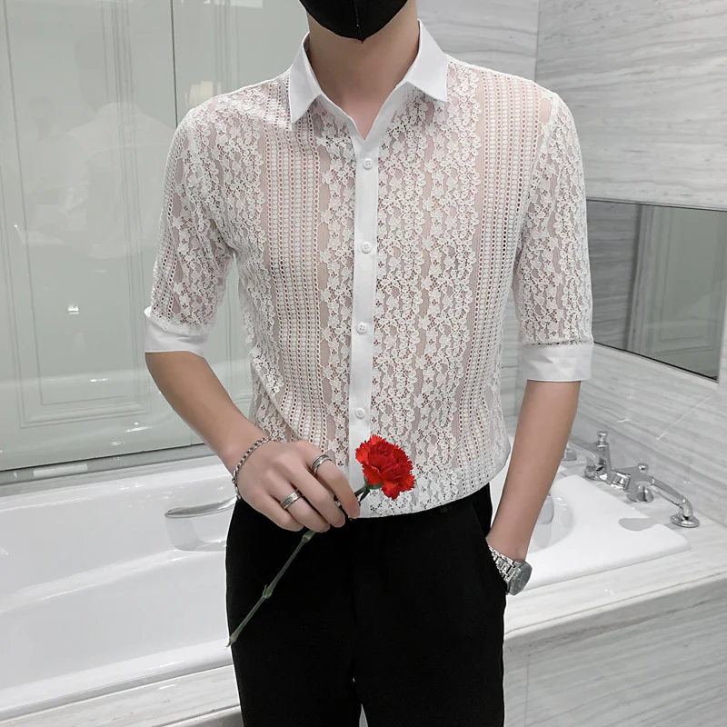 Men's designer niche personality lace hollow short-sleeved shirt - Image 2