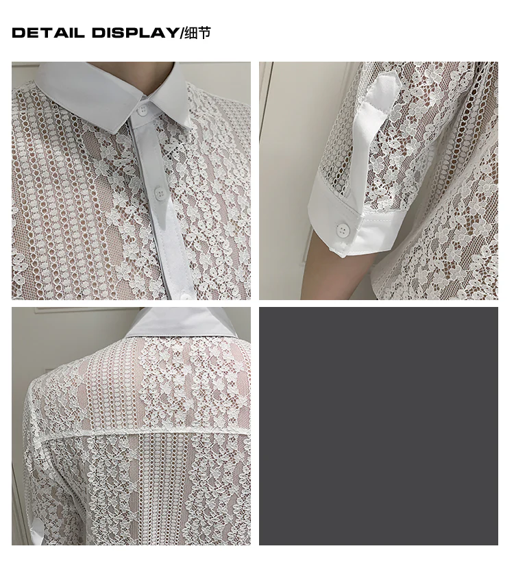 Men's designer niche personality lace hollow short-sleeved shirt - Image 4