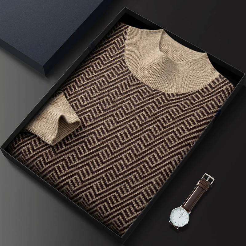 Men's Half Turtleneck Cashmere Sweater Jacquard Pullover All-match Knitted Bottoming Sweater Loose Top - Image 2